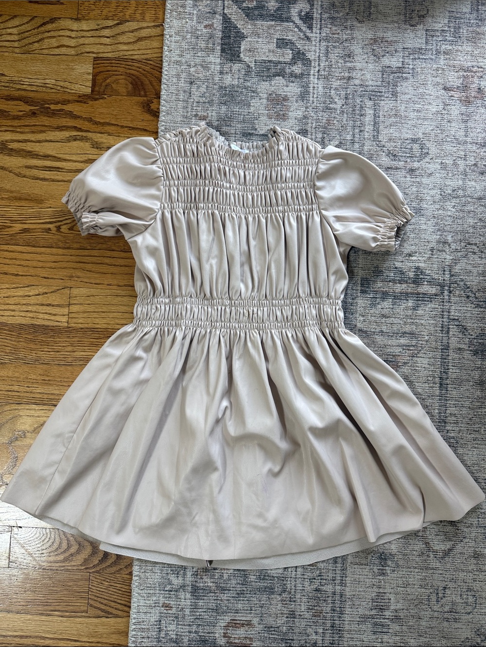 Zara Cream Smocked Faux Leather Puff Sleeve Dress for Girls